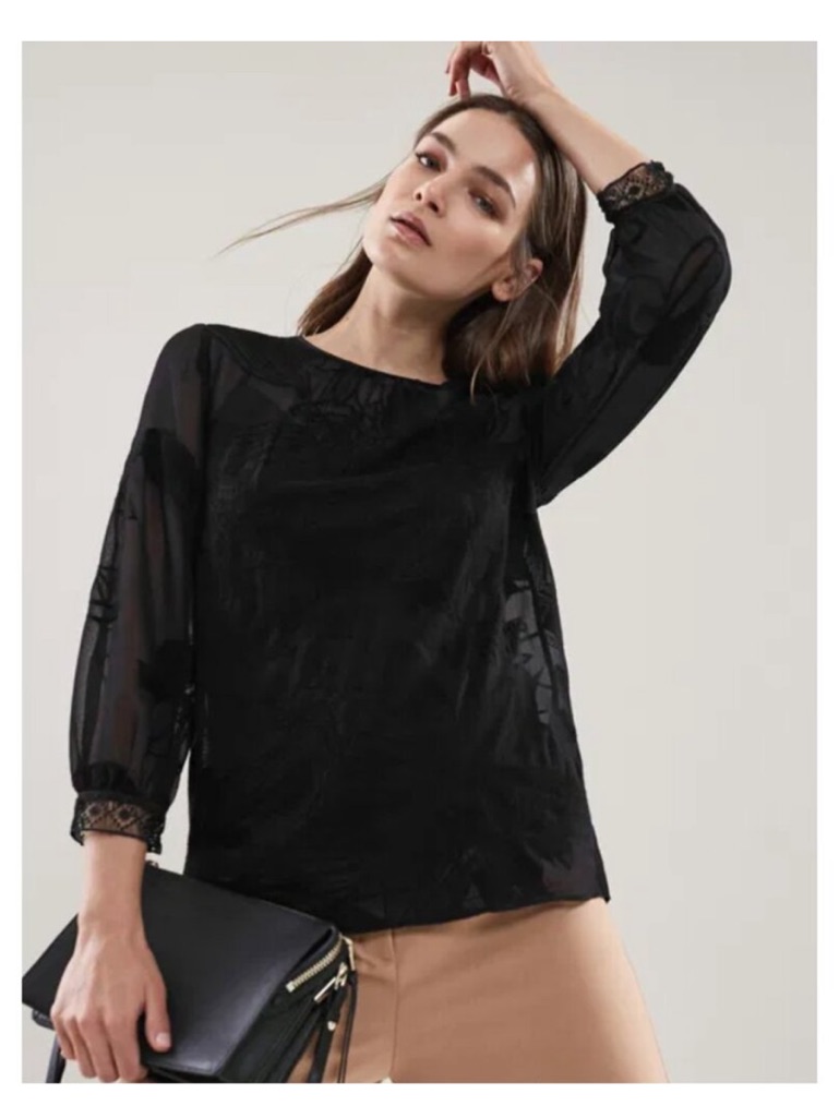 Reiss Rosie Lace Blouse Black Embroidered Long Sheer Sleeve Top Size 2